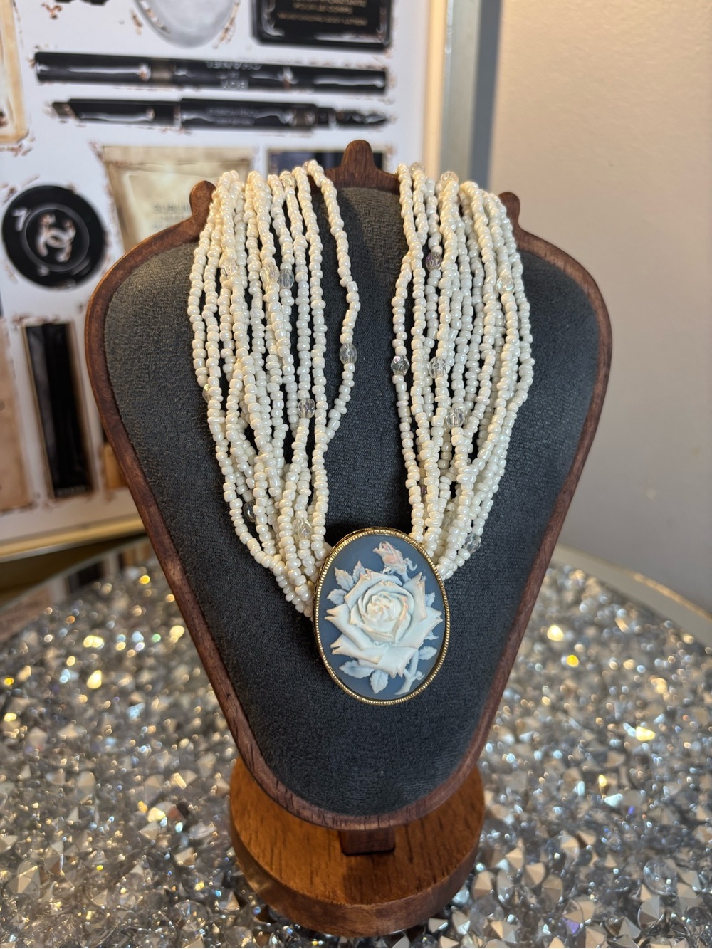 Avon vintage multi-strand seed bead and rose cameo necklace